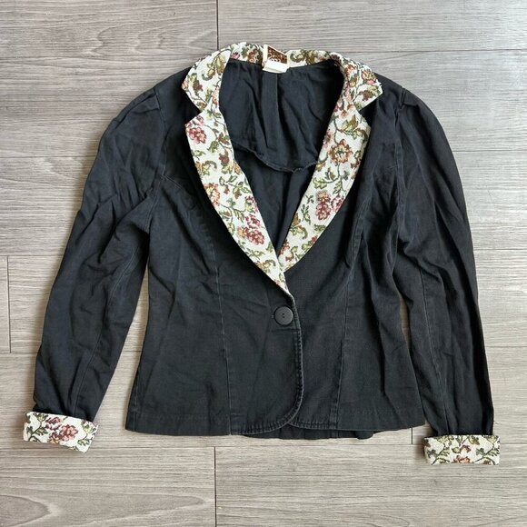 Vintage 80s Good Things of California Tapestry Lapel & Cuff Black Blazer Size S - Picture 1 of 6